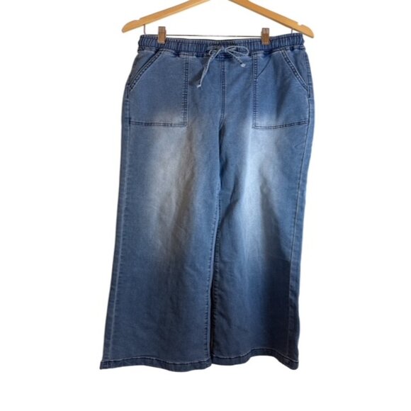 Women's High-Waist Wide-Leg Pull On Drawstring w/ Pocket Denim Jeans Blue Large - Picture 1 of 14